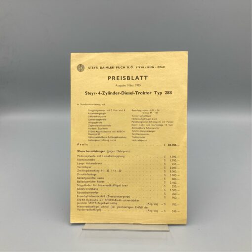 STEYR Prospekt Preisblatt Traktor 288, 03/1963