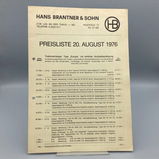 BRANTNER Preisliste 1976 Traktoranhänger "Europa"